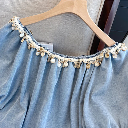 Loose Women's Denim Short Seeves Round Neck Simple Solid Color All Match Top Unique Sequined Design Backless Shirt