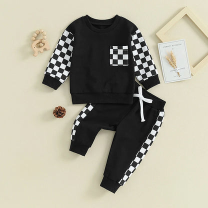 Toddler Baby Boy Outfit Plaid Contrast Color Long Sleeve Sweatshirts Stretch Jogger Pants Newborn Clothes Sets