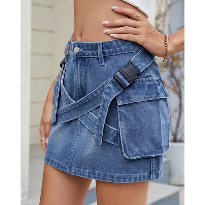 Women's Summer Women's Vintage Washed Denim Cargo Skirt Utility Patch Pockets Casual Streetwear High Waist Cross-Border Skirts