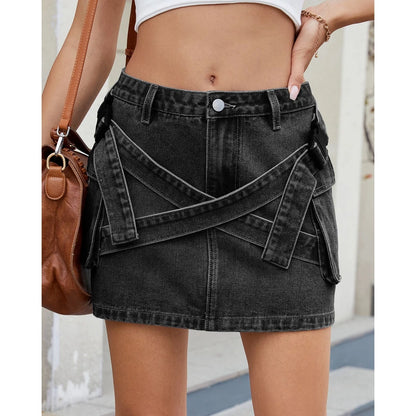 Women's Summer Women's Vintage Washed Denim Cargo Skirt Utility Patch Pockets Casual Streetwear High Waist Cross-Border Skirts