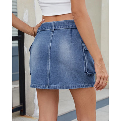 Women's Summer Women's Vintage Washed Denim Cargo Skirt Utility Patch Pockets Casual Streetwear High Waist Cross-Border Skirts