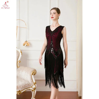 Women 1920s Sleeveless V-Neck Double Layer Tassel Dress, Gatsby Cocktail Prom Vintage Sequin Beads, Retro Latin Dance Party Dres