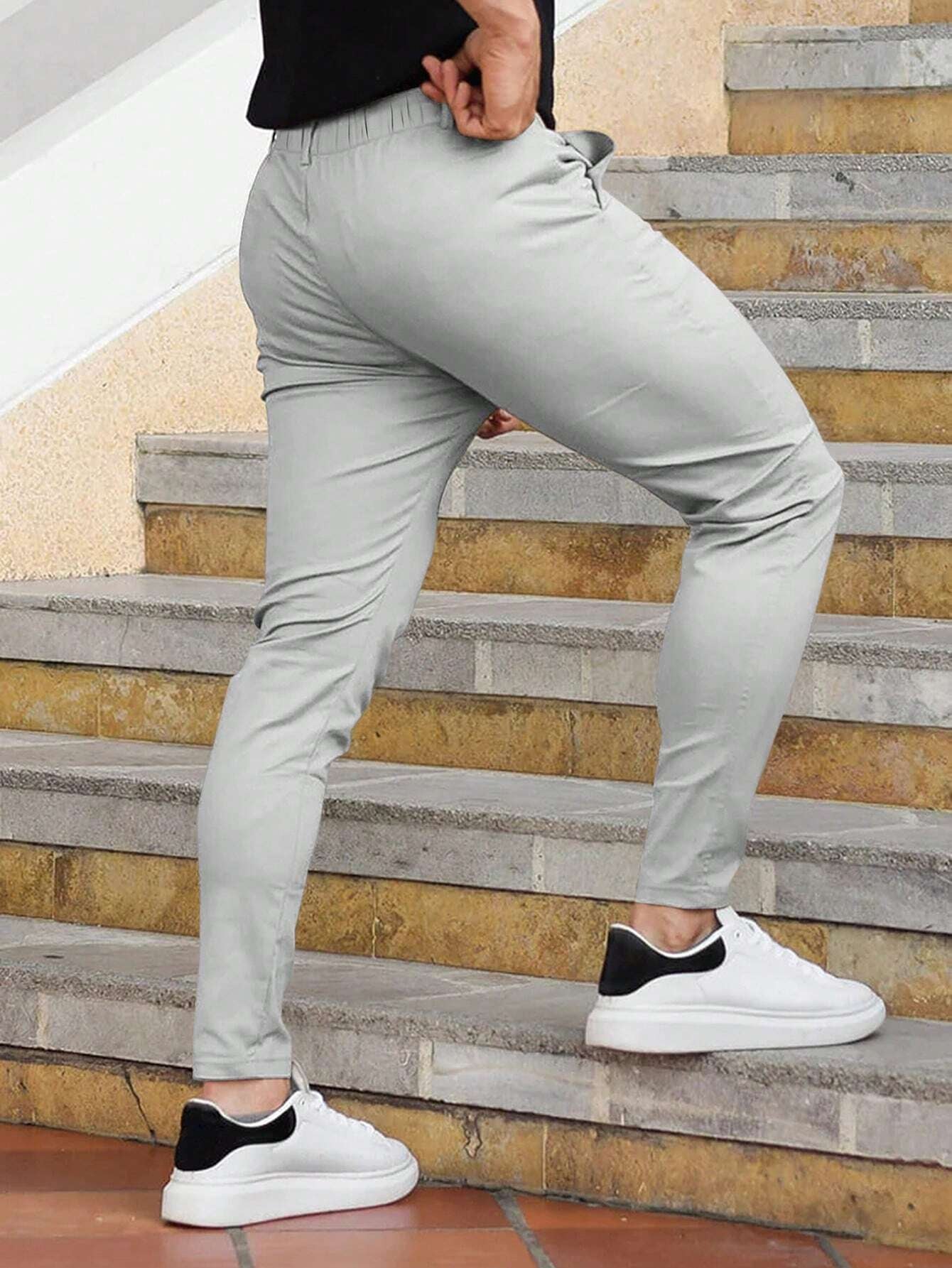 Manfinity Homme Men Casual Zippered Hem Solid Color Slim Fit Long Pants