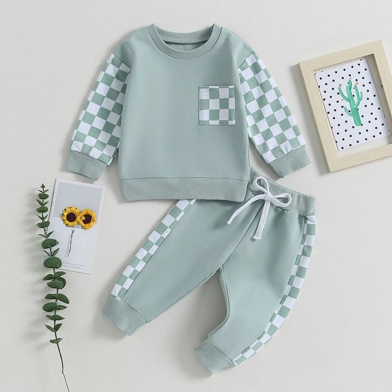 Toddler Baby Boy Outfit Plaid Contrast Color Long Sleeve Sweatshirts Stretch Jogger Pants Newborn Clothes Sets