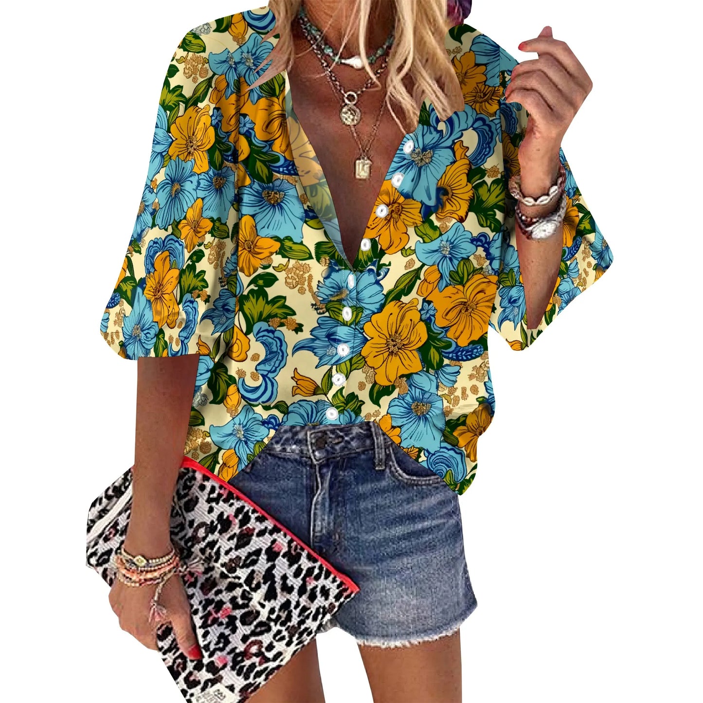 Womens Summer Vintage Flower & Paisley Graphics Blouse Casual Short Sleeve V Neck Shirt Loose Printed Cuffed Sleeve Floral Tops