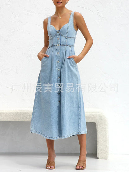 Women Denim Dresses Long Dress Sling Sleeveless A Line Casual High Waist Maxi Elegant Vestidos largos Summer 2025 Y2k Streetwear