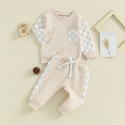 Toddler Baby Boy Outfit Plaid Contrast Color Long Sleeve Sweatshirts Stretch Jogger Pants Newborn Clothes Sets