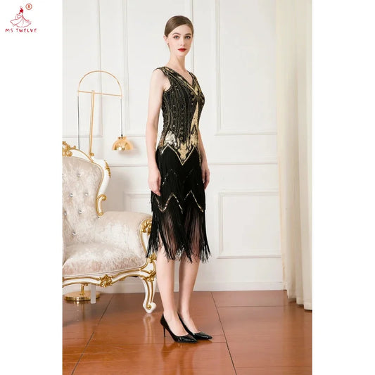 Women 1920s Sleeveless V-Neck Double Layer Tassel Dress, Gatsby Cocktail Prom Vintage Sequin Beads, Retro Latin Dance Party Dres
