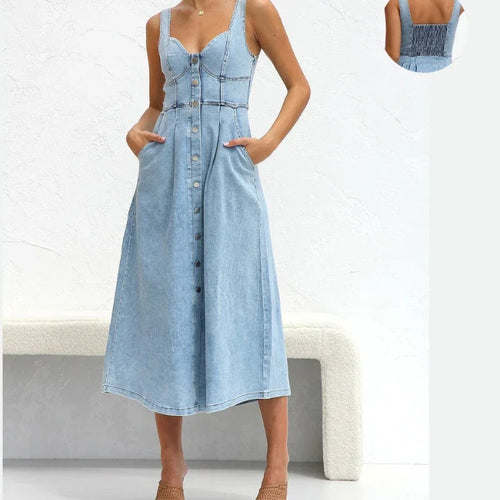Women Denim Dresses Long Dress Sling Sleeveless A Line Casual High Waist Maxi Elegant Vestidos largos Summer 2025 Y2k Streetwear