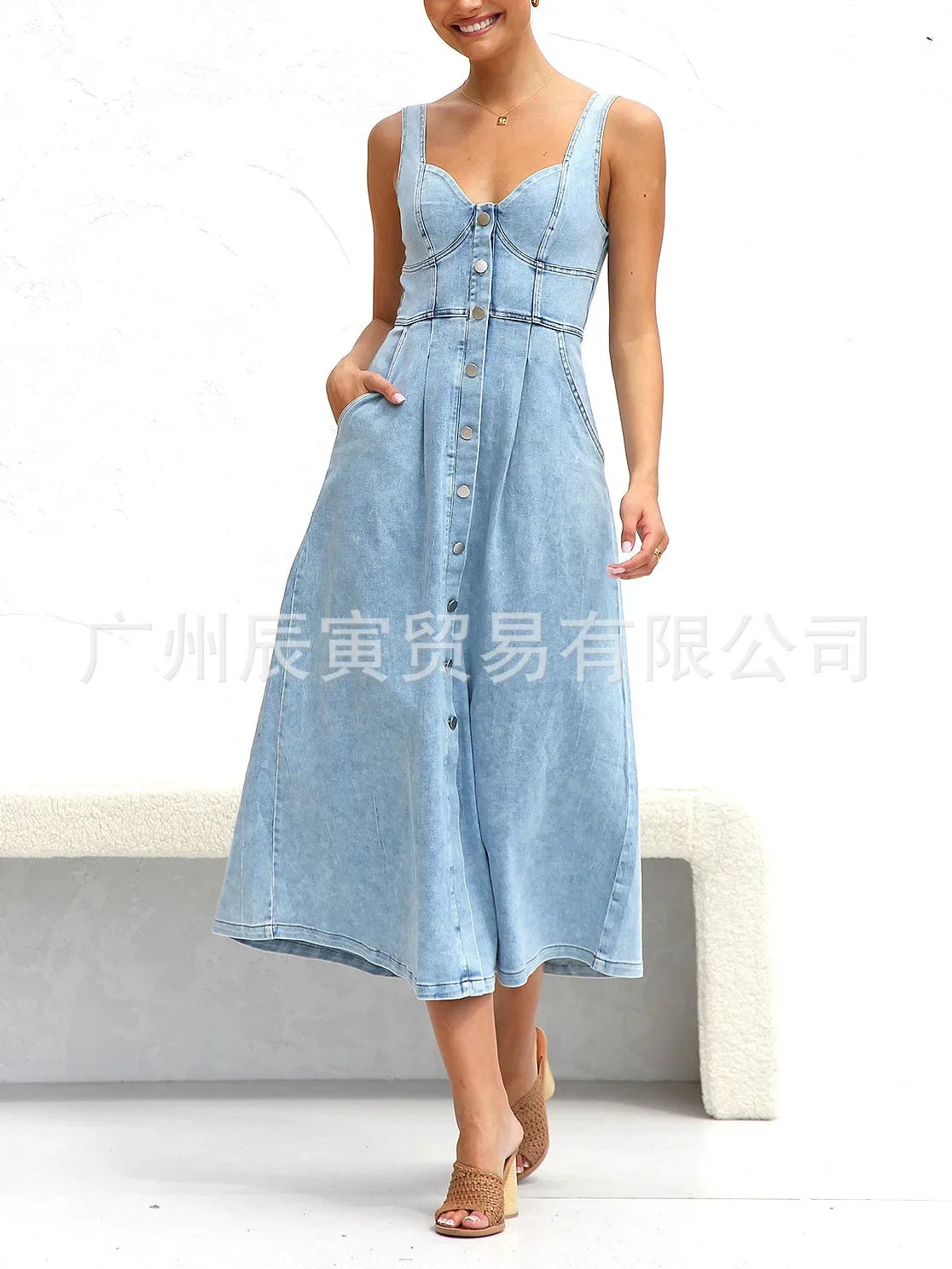 Women Denim Dresses Long Dress Sling Sleeveless A Line Casual High Waist Maxi Elegant Vestidos largos Summer 2025 Y2k Streetwear