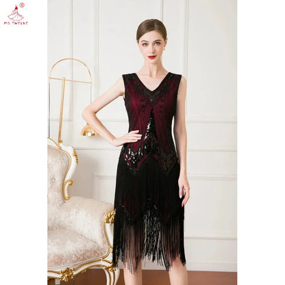Women 1920s Sleeveless V-Neck Double Layer Tassel Dress, Gatsby Cocktail Prom Vintage Sequin Beads, Retro Latin Dance Party Dres