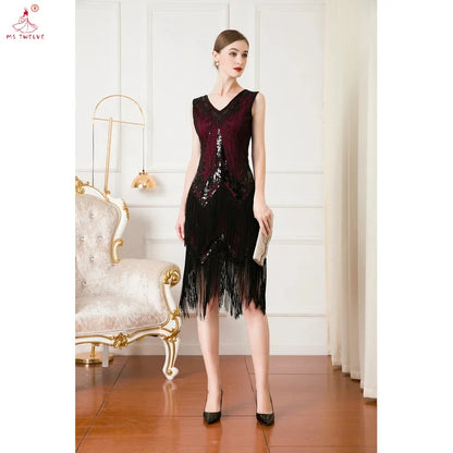 Women 1920s Sleeveless V-Neck Double Layer Tassel Dress, Gatsby Cocktail Prom Vintage Sequin Beads, Retro Latin Dance Party Dres