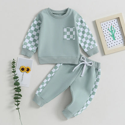 Toddler Baby Boy Outfit Plaid Contrast Color Long Sleeve Sweatshirts Stretch Jogger Pants Newborn Clothes Sets