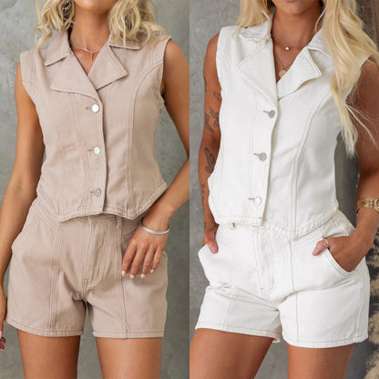 Women's Denim Jacket Vest Shorts Suit