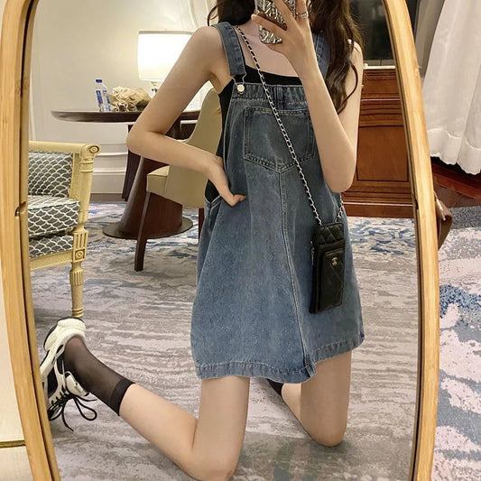 Korean Version of Cute and Fresh Denim Overalls Dress. A New Summer Retro Mid-length Loose Slits Dress with Pockets for Women