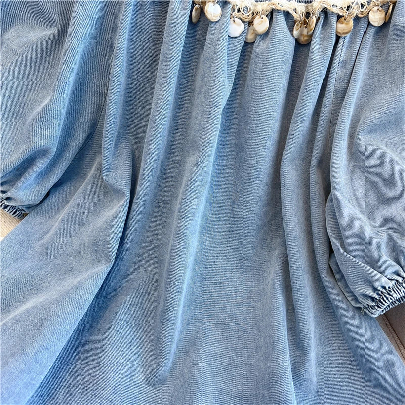 Loose Women's Denim Short Seeves Round Neck Simple Solid Color All Match Top Unique Sequined Design Backless Shirt