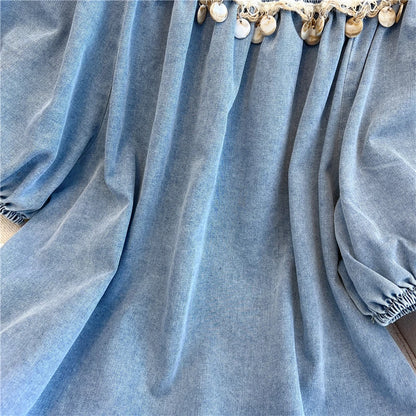 Loose Women's Denim Short Seeves Round Neck Simple Solid Color All Match Top Unique Sequined Design Backless Shirt