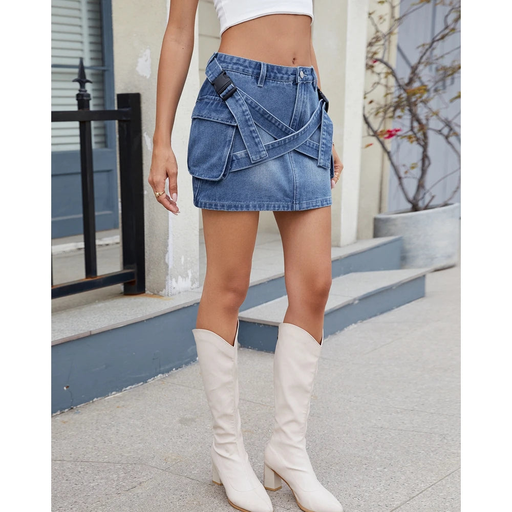 Women's Summer Women's Vintage Washed Denim Cargo Skirt Utility Patch Pockets Casual Streetwear High Waist Cross-Border Skirts