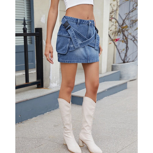 Women's Summer Women's Vintage Washed Denim Cargo Skirt Utility Patch Pockets Casual Streetwear High Waist Cross-Border Skirts