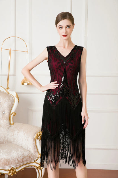 Women 1920s Sleeveless V-Neck Double Layer Tassel Dress, Gatsby Cocktail Prom Vintage Sequin Beads, Retro Latin Dance Party Dres