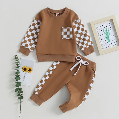 Toddler Baby Boy Outfit Plaid Contrast Color Long Sleeve Sweatshirts Stretch Jogger Pants Newborn Clothes Sets