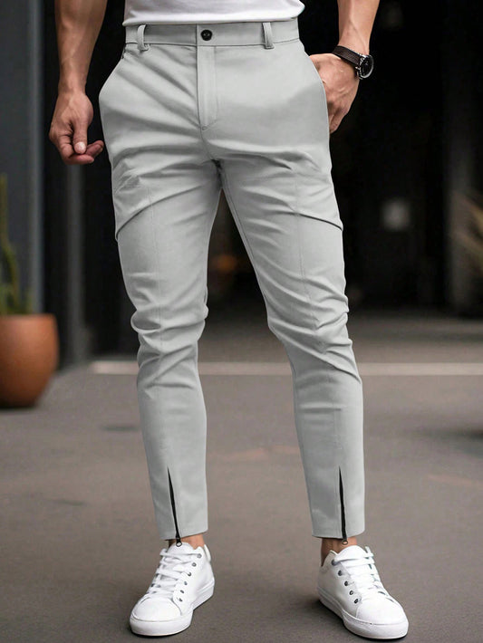 Manfinity Homme Men Casual Zippered Hem Solid Color Slim Fit Long Pants