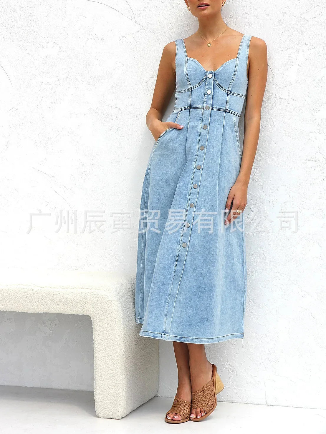 Women Denim Dresses Long Dress Sling Sleeveless A Line Casual High Waist Maxi Elegant Vestidos largos Summer 2025 Y2k Streetwear