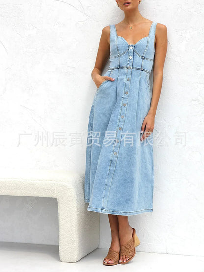 Women Denim Dresses Long Dress Sling Sleeveless A Line Casual High Waist Maxi Elegant Vestidos largos Summer 2025 Y2k Streetwear