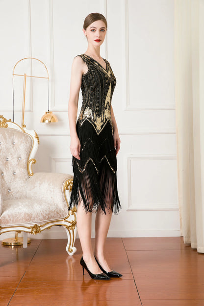 Women 1920s Sleeveless V-Neck Double Layer Tassel Dress, Gatsby Cocktail Prom Vintage Sequin Beads, Retro Latin Dance Party Dres