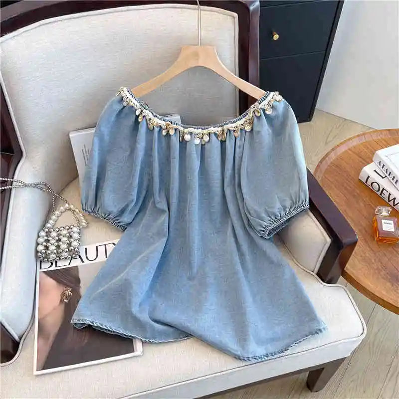 Loose Women's Denim Short Seeves Round Neck Simple Solid Color All Match Top Unique Sequined Design Backless Shirt