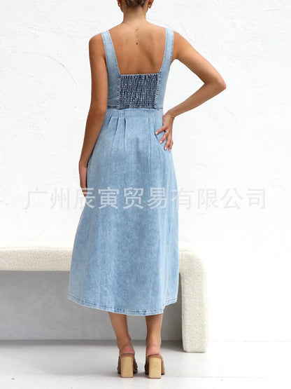 Women Denim Dresses Long Dress Sling Sleeveless A Line Casual High Waist Maxi Elegant Vestidos largos Summer 2025 Y2k Streetwear