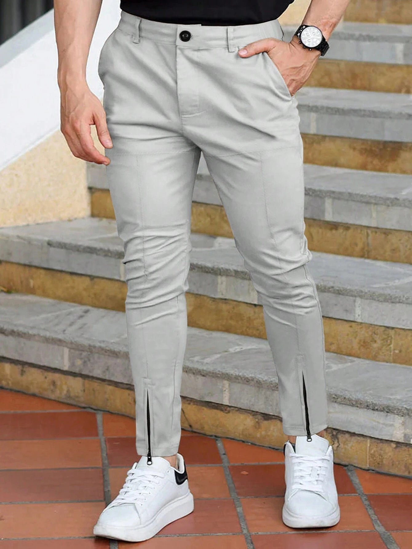 Manfinity Homme Men Casual Zippered Hem Solid Color Slim Fit Long Pants