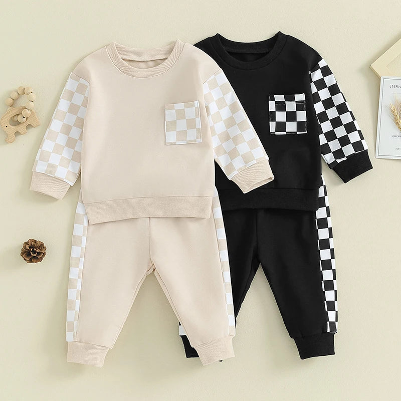 Toddler Baby Boy Outfit Plaid Contrast Color Long Sleeve Sweatshirts Stretch Jogger Pants Newborn Clothes Sets