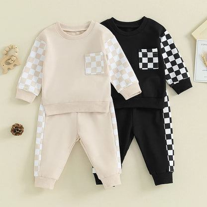 Toddler Baby Boy Outfit Plaid Contrast Color Long Sleeve Sweatshirts Stretch Jogger Pants Newborn Clothes Sets