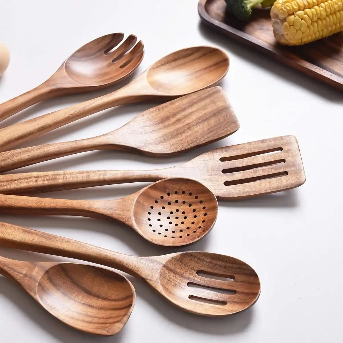 Wholesale 7 Pieces Heavy Duty Kitchen Cooking Utensil Set Natural Solid Acacia Wood Mixing Spoon for Nonstick Pans Cookware