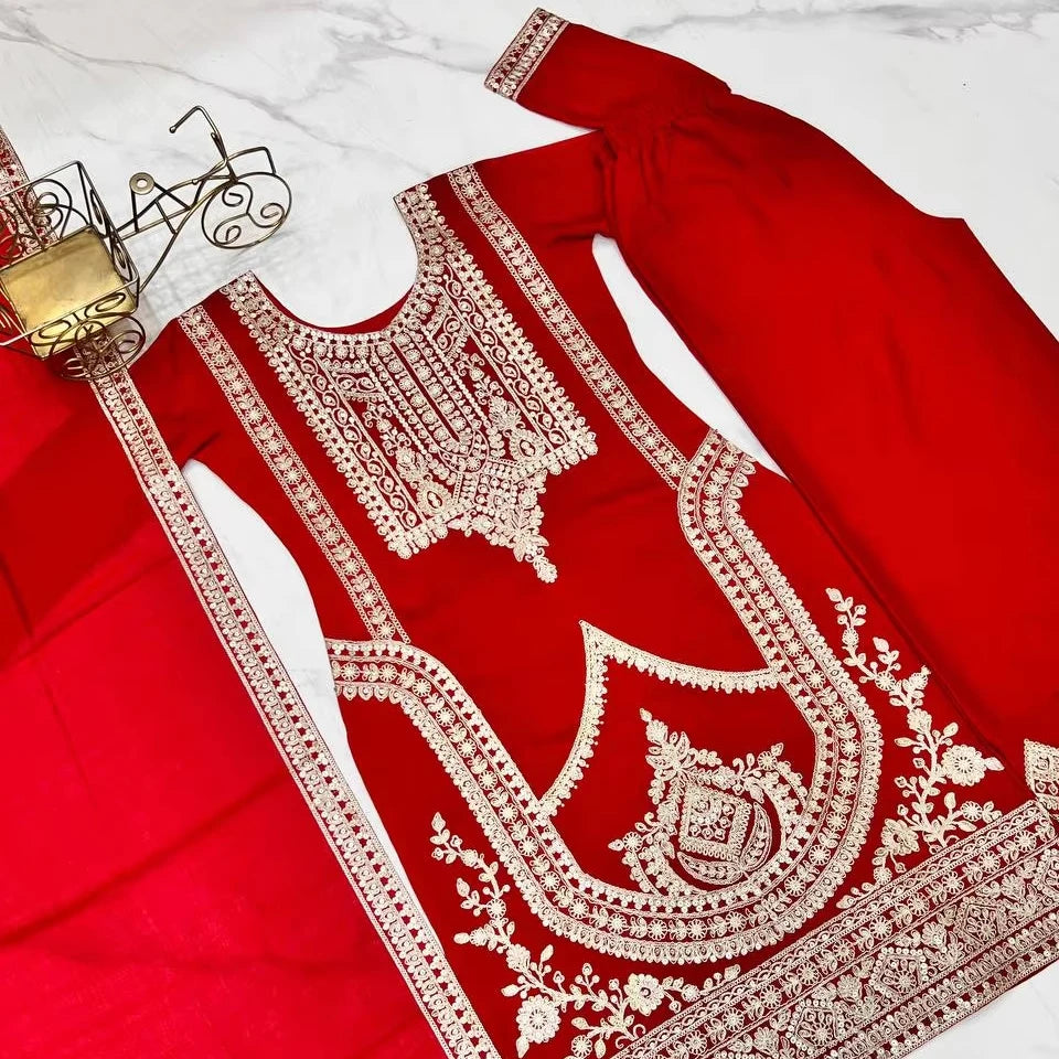 Women's Modern Style Rayon Fabric Nayra Cut Kurti Pant Dupatta Best Quality Heavy Embroidery Sequence Work Party Wear Indian