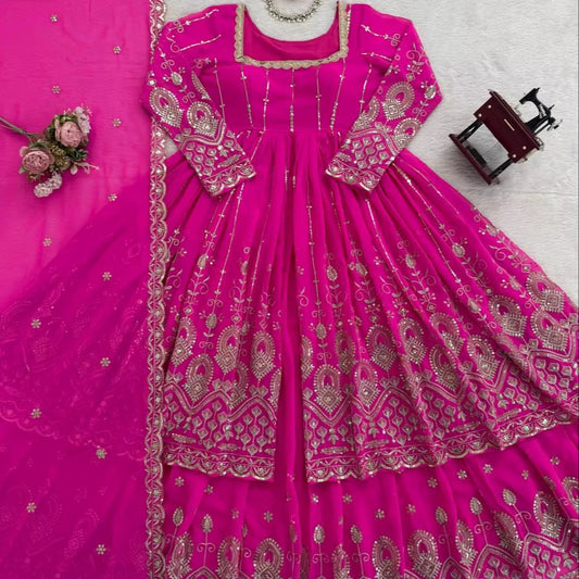 Pink Faux Georgette Embroidered Lehenga Choli Indian & Pakistani Traditional Clothing