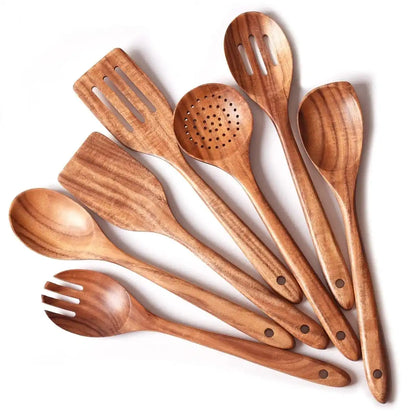 Wholesale 7 Pieces Heavy Duty Kitchen Cooking Utensil Set Natural Solid Acacia Wood Mixing Spoon for Nonstick Pans Cookware