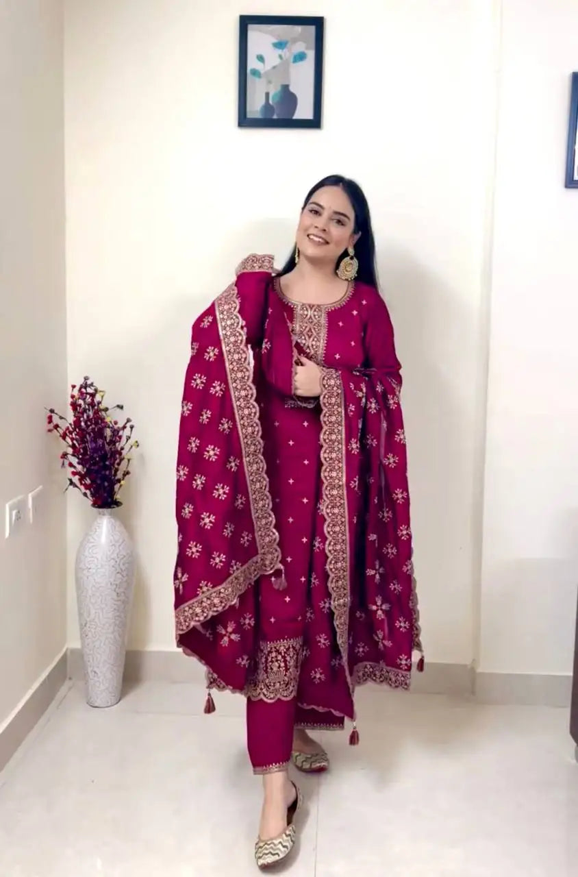 Tennecy's Fully Stitched Vichitra Silk Top-Pent and Dupatta Set New and Ready to Wear for Parties Indian & Pakistani Clothing