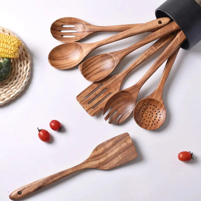 Wholesale 7 Pieces Heavy Duty Kitchen Cooking Utensil Set Natural Solid Acacia Wood Mixing Spoon for Nonstick Pans Cookware