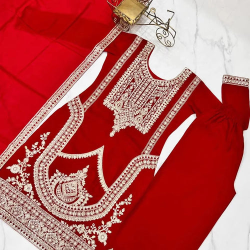 Women's Modern Style Rayon Fabric Nayra Cut Kurti Pant Dupatta Best Quality Heavy Embroidery Sequence Work Party Wear Indian