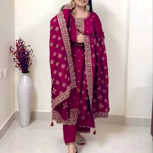 Tennecy's Fully Stitched Vichitra Silk Top-Pent and Dupatta Set New and Ready to Wear for Parties Indian & Pakistani Clothing