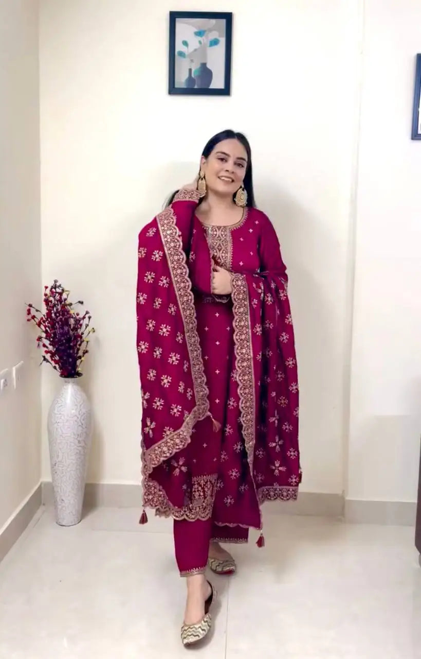 Tennecy's Fully Stitched Vichitra Silk Top-Pent and Dupatta Set New and Ready to Wear for Parties Indian & Pakistani Clothing