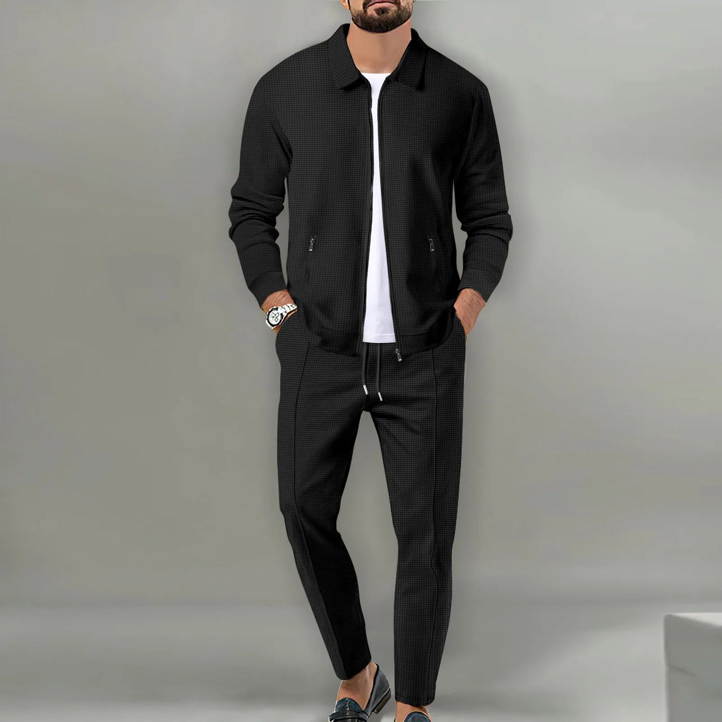 Autumnwinter men's casual blazer set new fashion Waffle baseball suit round neck pocket zipper long sleeve trousers two-piece se