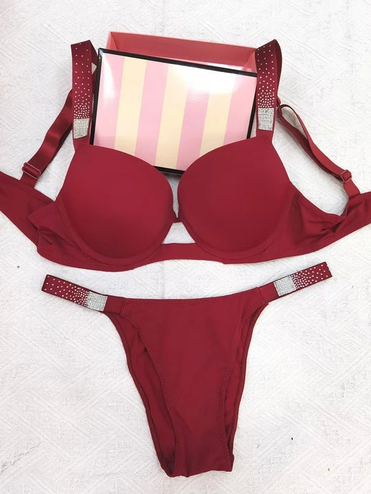Rhinestone Sexy Women Bra Set Bralette Girls Underwear Brassiere Fashion Thong Gather Bras Lingerie Panty Sets