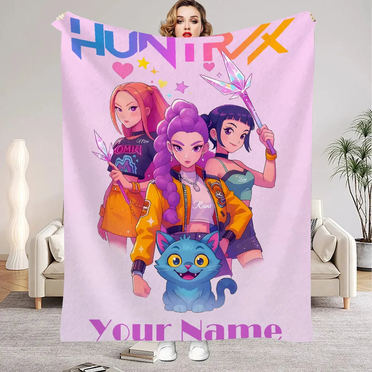 1PC Custom Name K-Pop Demon Hunters Blanket Girls Boys Plush Throw Blanket Novelty Warm Blanket All Season Gift