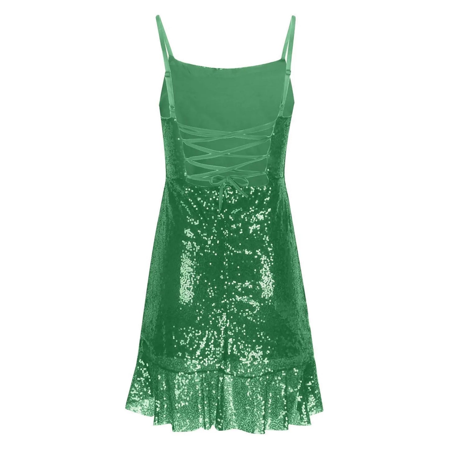 Sexy Slim Fitting Fashion Solid Color Sequin Back Cross Tie Ruffle Edge Sleeveless Suspender Irregular Hem Pleated Party Dress