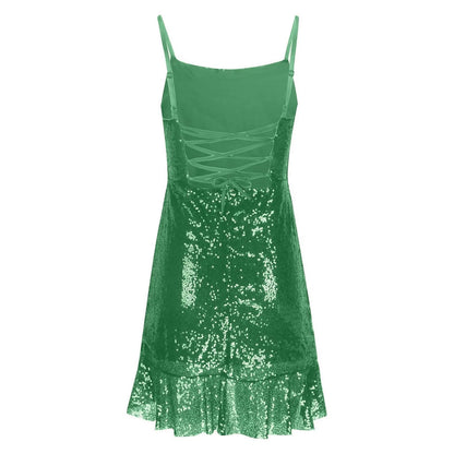 Sexy Slim Fitting Fashion Solid Color Sequin Back Cross Tie Ruffle Edge Sleeveless Suspender Irregular Hem Pleated Party Dress