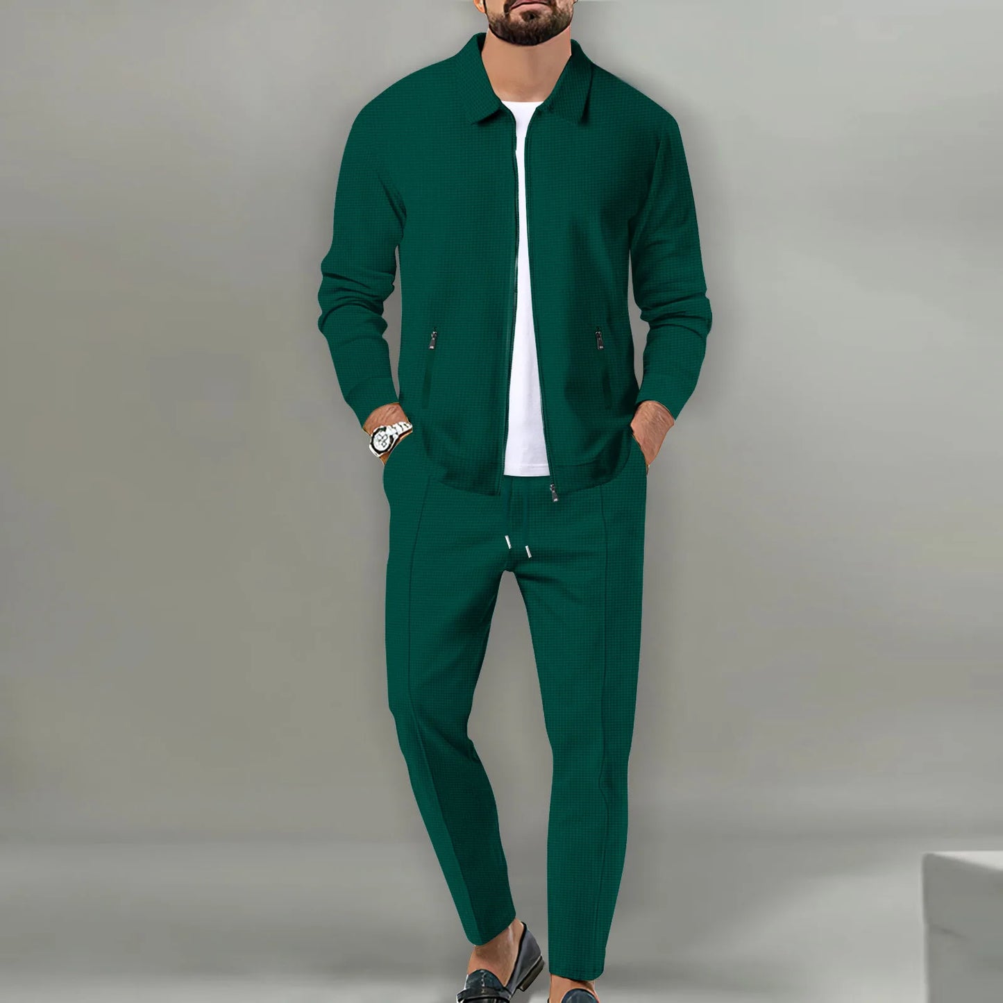 Autumnwinter men's casual blazer set new fashion Waffle baseball suit round neck pocket zipper long sleeve trousers two-piece se