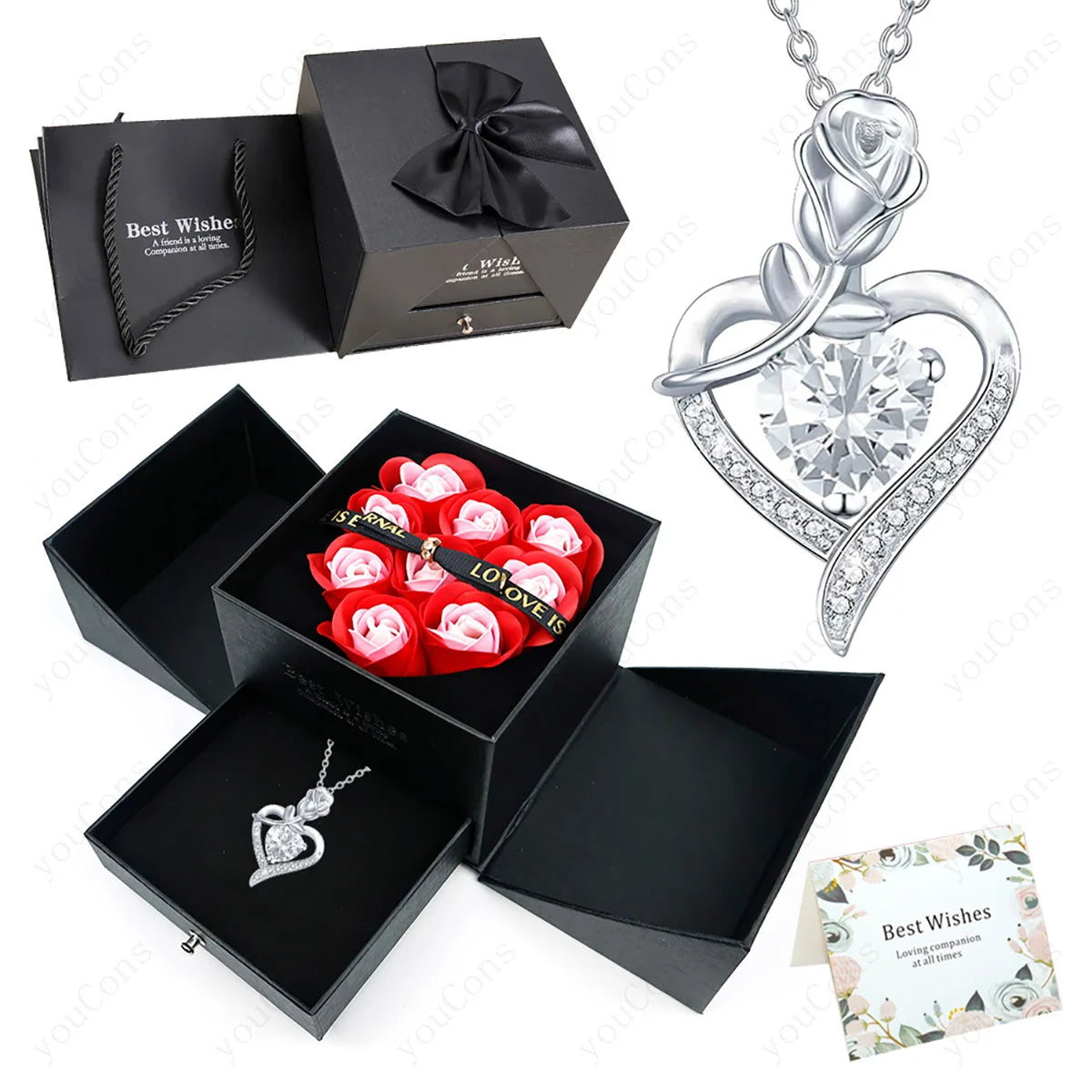 White Heart Zircon Pendant Necklace With Rose Bow Box 2025 Jewelry Set For Wife Friend Christmas Valentine Day Birthday Gifts